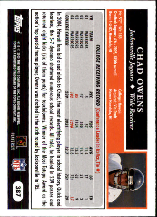 2005 Topps #387 Chad Owens RC back image