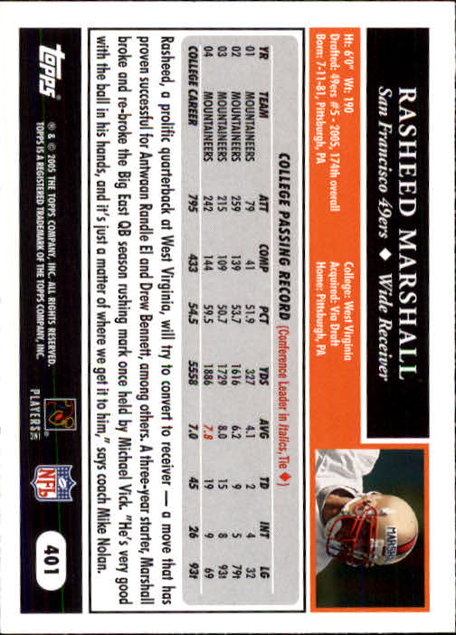 2005 Topps #401 Rasheed Marshall RC back image