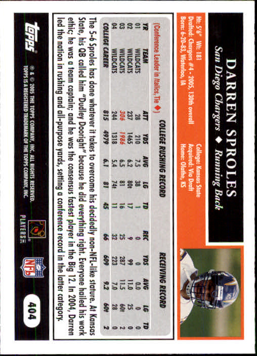 2005 Topps #404 Darren Sproles RC back image