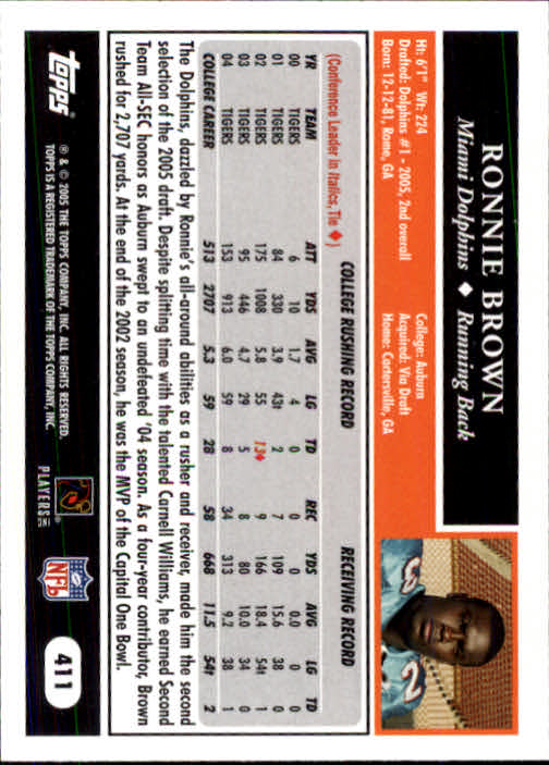 2005 Topps #411 Ronnie Brown RC back image