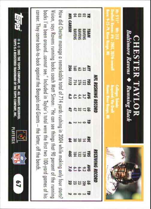 2005 Topps First Edition #67 Chester Taylor back image