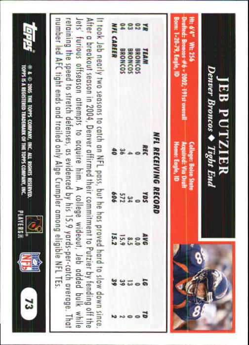 2005 Topps First Edition #73 Jeb Putzier back image
