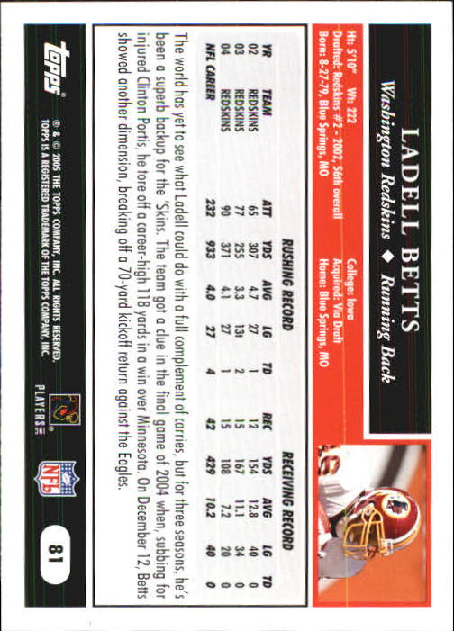 2005 Topps First Edition #81 Ladell Betts back image