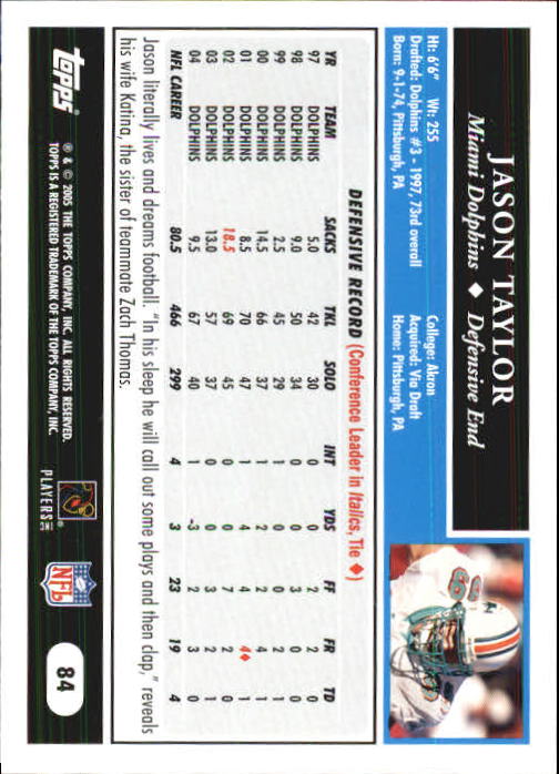 2005 Topps First Edition #84 Jason Taylor back image