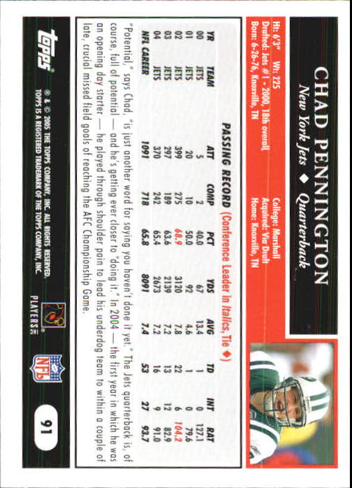 2005 Topps First Edition #91 Chad Pennington back image