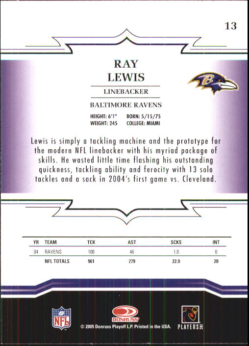 2005 Throwback Threads #13 Ray Lewis back image