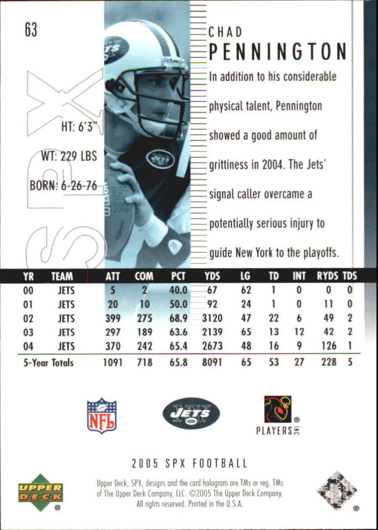 2005 SPx (Upper Deck) Football "Main Set" Cards #1 to #197 - Picture 127 of 275