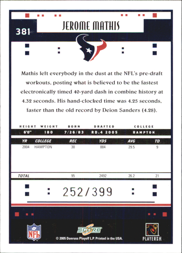 2005 Score Adrenaline #381 Jerome Mathis back image