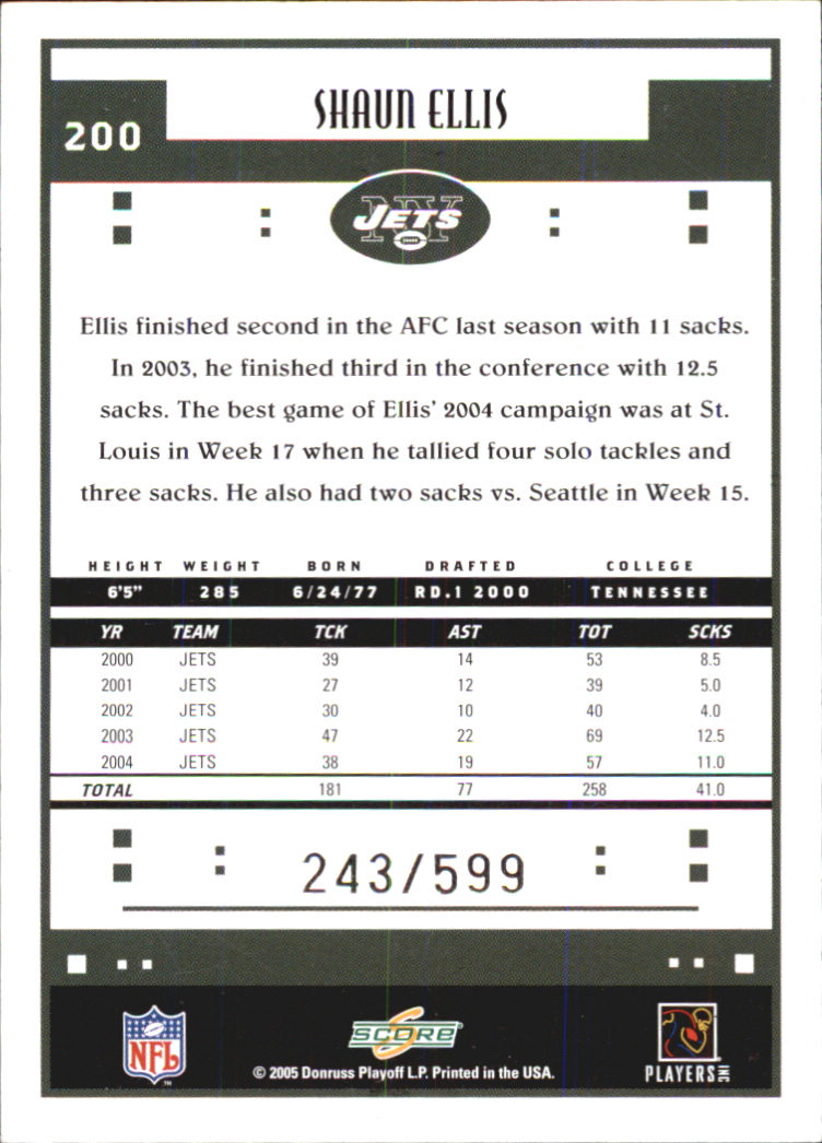 2005 Score Scorecard #200 Shaun Ellis back image