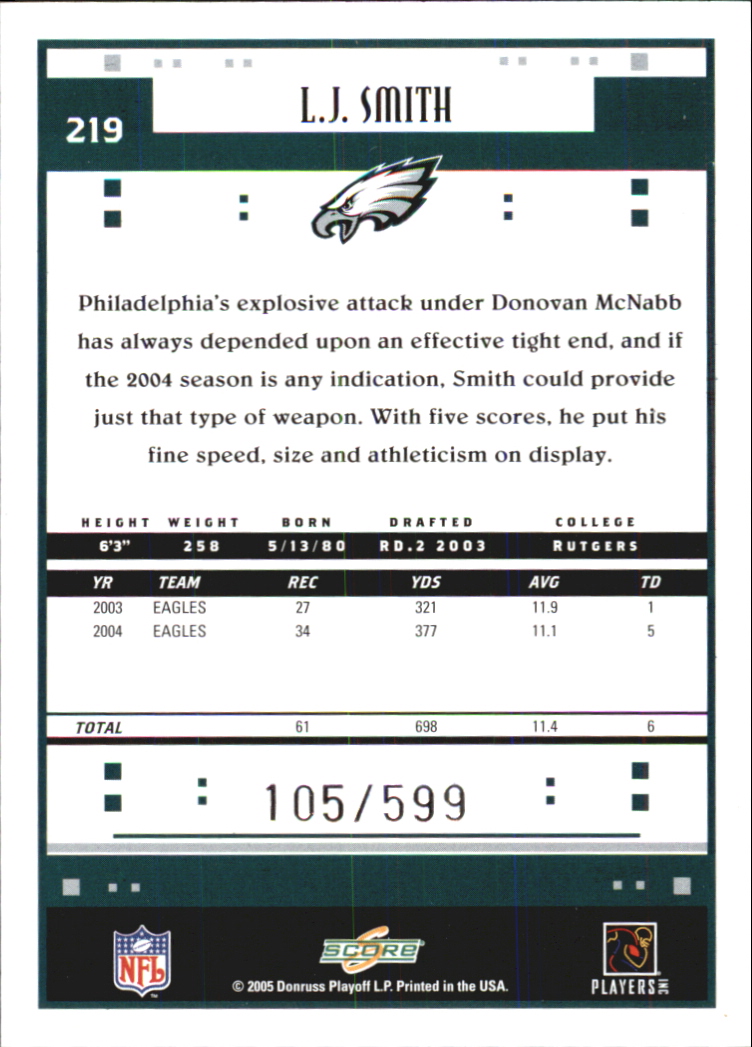 2005 Score Scorecard #219 L.J. Smith back image