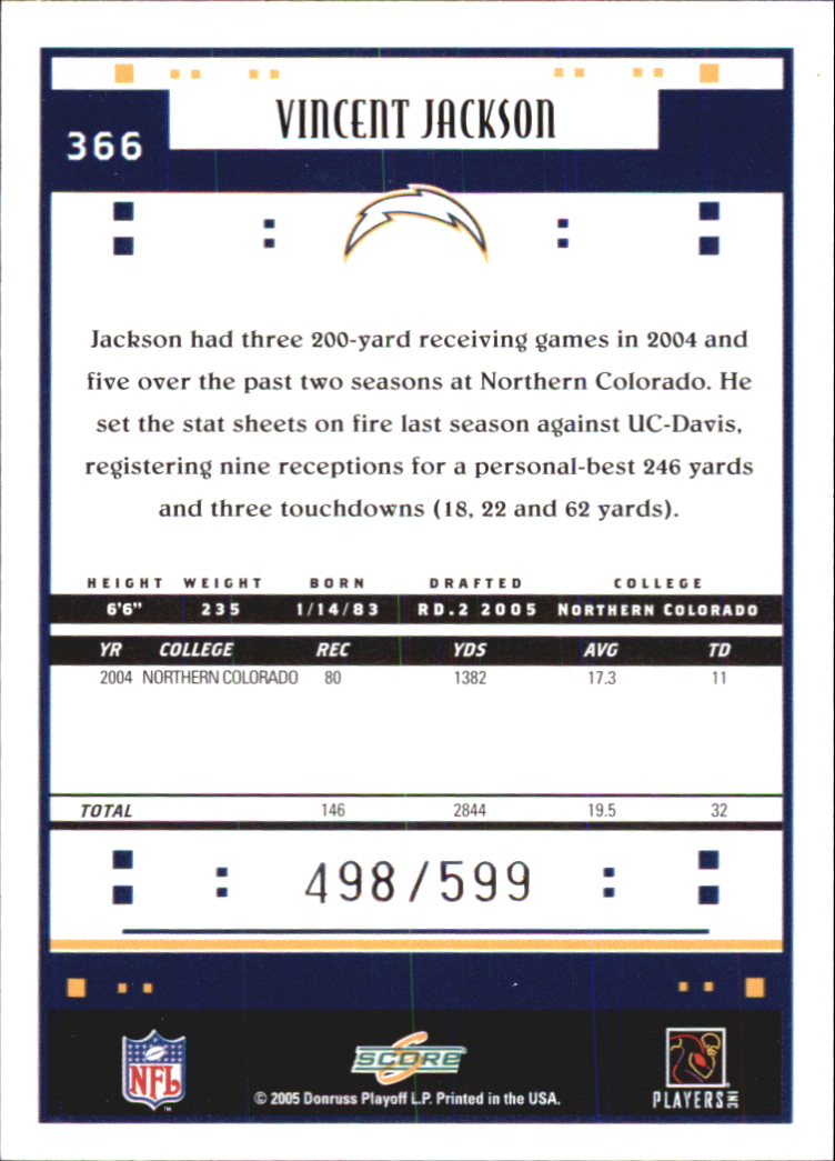 2005 Score Scorecard #366 Vincent Jackson back image