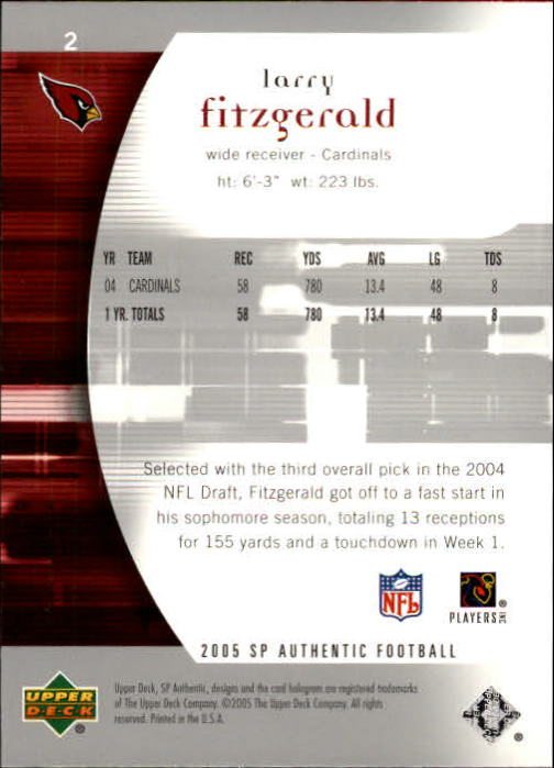2005 SP Authentic #2 Larry Fitzgerald back image