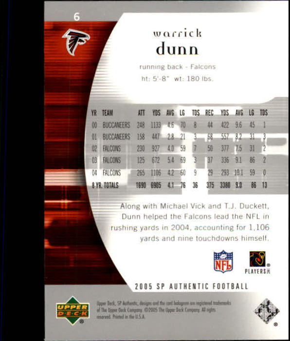 2005 SP Authentic #6 Warrick Dunn back image