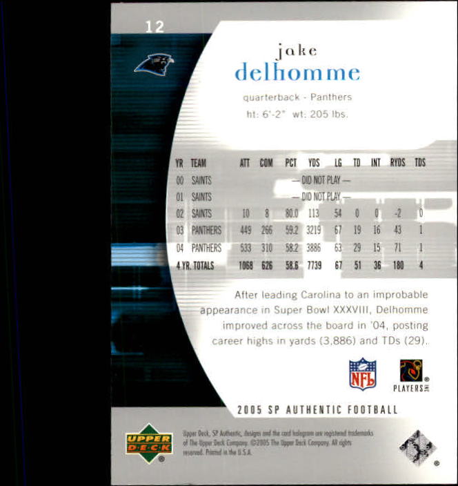 2005 SP Authentic #12 Jake Delhomme back image