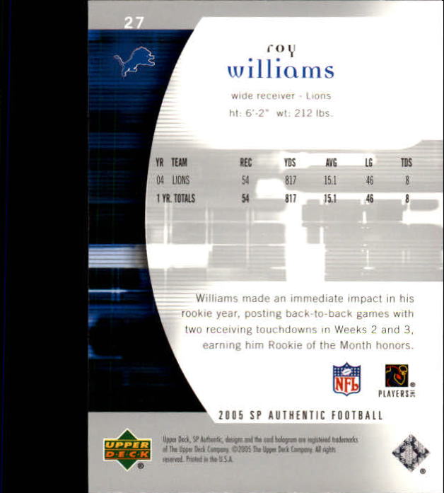 2005 SP Authentic #27 Roy Williams WR back image