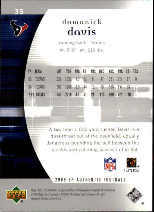 2005 SP Authentic (Upper Deck) Football "Main Set" Cards #1 to #255 - Picture 71 of 217