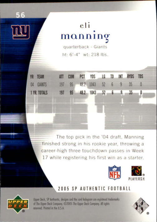 2005 SP Authentic #56 Eli Manning back image