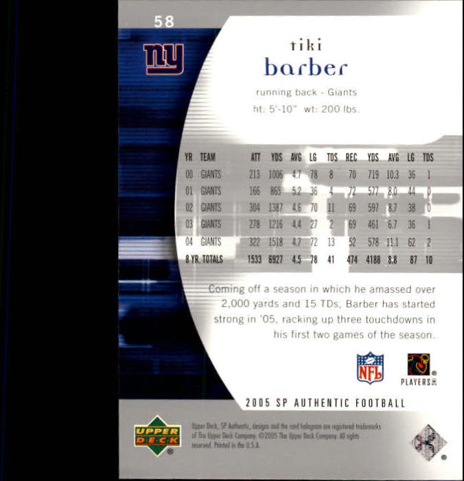 2005 SP Authentic #58 Tiki Barber back image