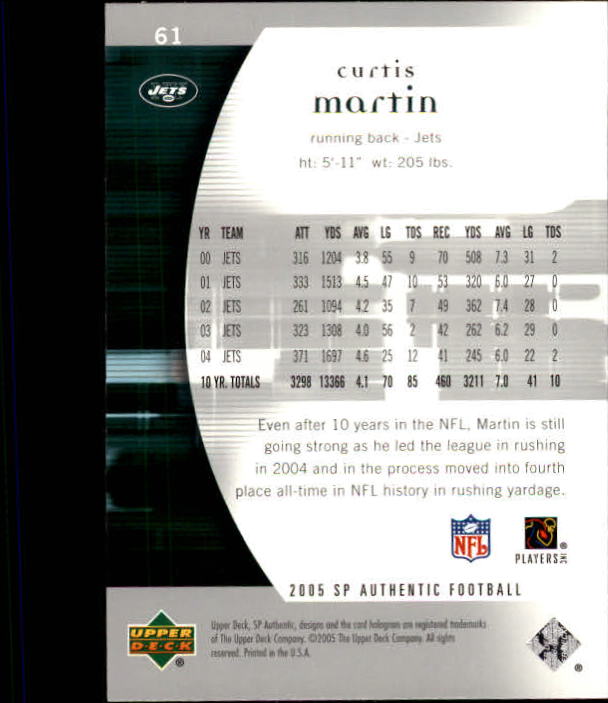 2005 SP Authentic #61 Curtis Martin back image