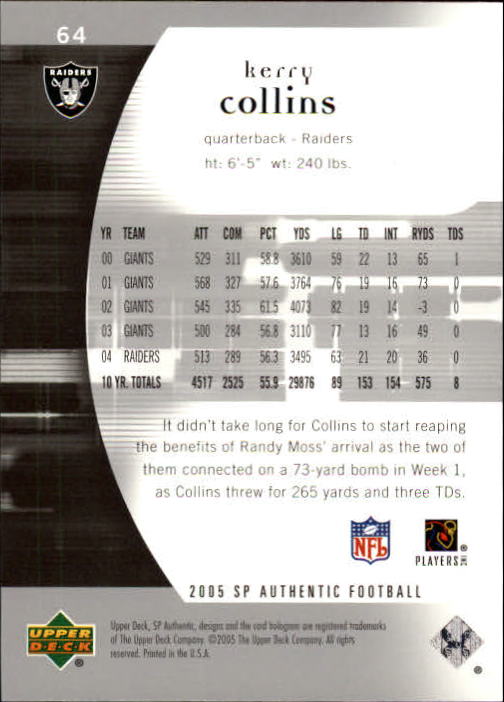 2005 SP Authentic #64 Kerry Collins back image