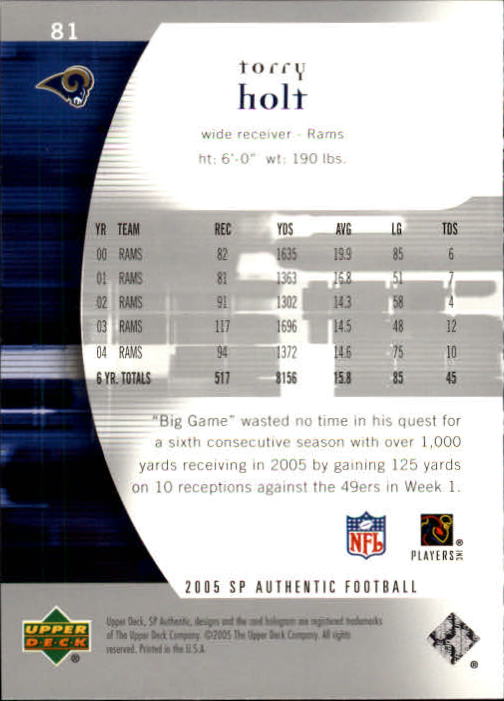 2005 SP Authentic (Upper Deck) Football "Main Set" Cards #1 to #255 - Picture 163 of 217