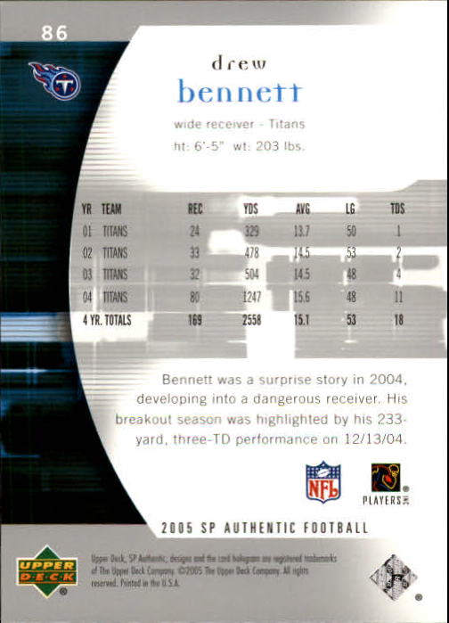 2005 SP Authentic #86 Drew Bennett back image