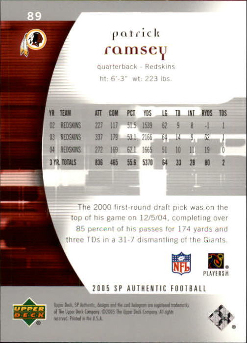 2005 SP Authentic (Upper Deck) Football "Main Set" Cards #1 to #255 - Picture 179 of 217
