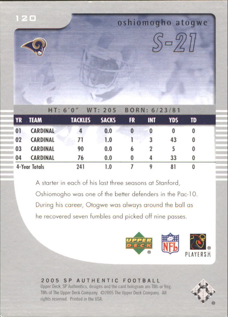 2005 SP Authentic (Upper Deck) Football "Main Set" Cards #1 to #255 - Picture 193 of 217