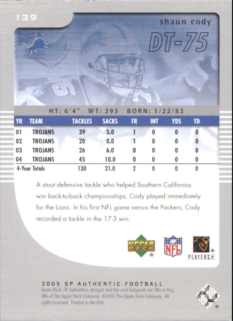 2005 SP Authentic (Upper Deck) Football "Main Set" Cards #1 to #255 - Picture 201 of 217