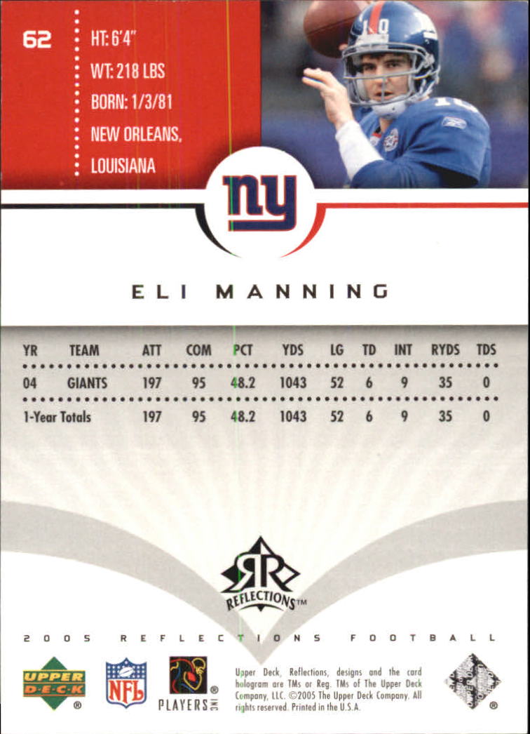2005 Reflections #62 Eli Manning back image