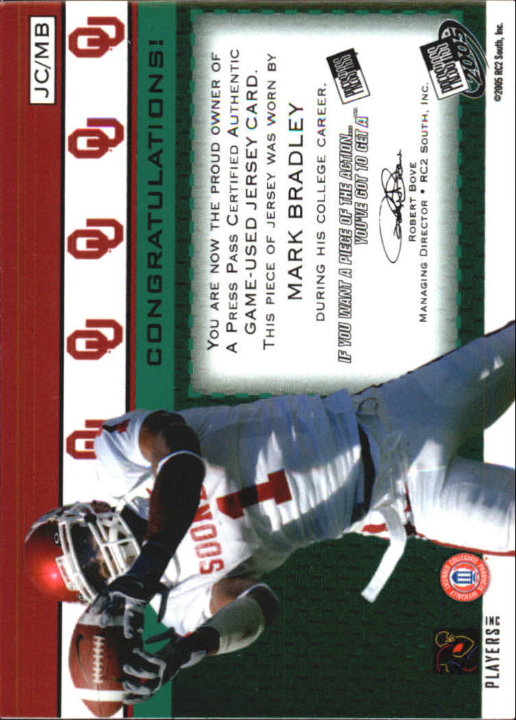 2005 Press Pass Game Used Jerseys Silver #JCMB Mark Bradley back image