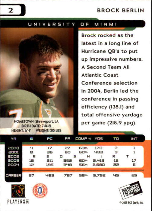 2005 Press Pass #2 Brock Berlin back image