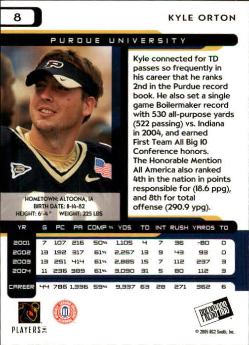 2005 Press Pass #8 Kyle Orton back image