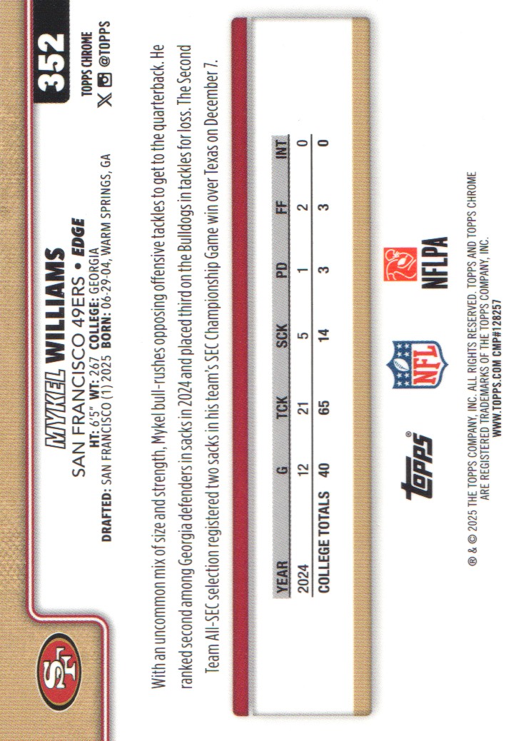 2025 Topps Chrome #352 Mykel Williams RC