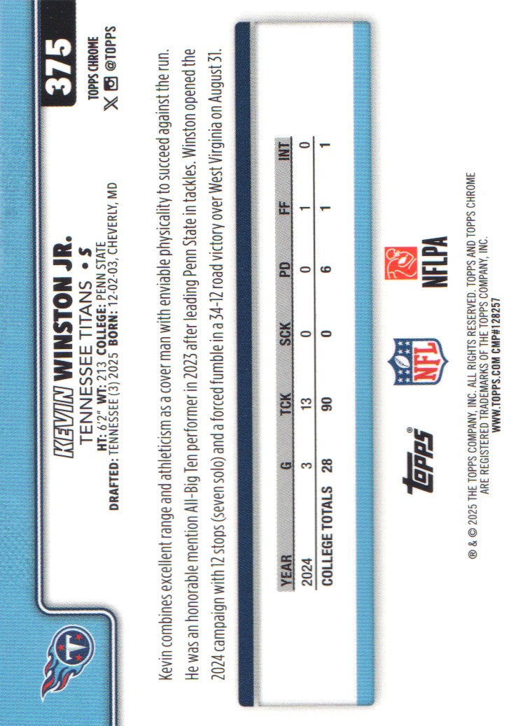 2025 Topps Chrome #375 Kevin Winston Jr. RC