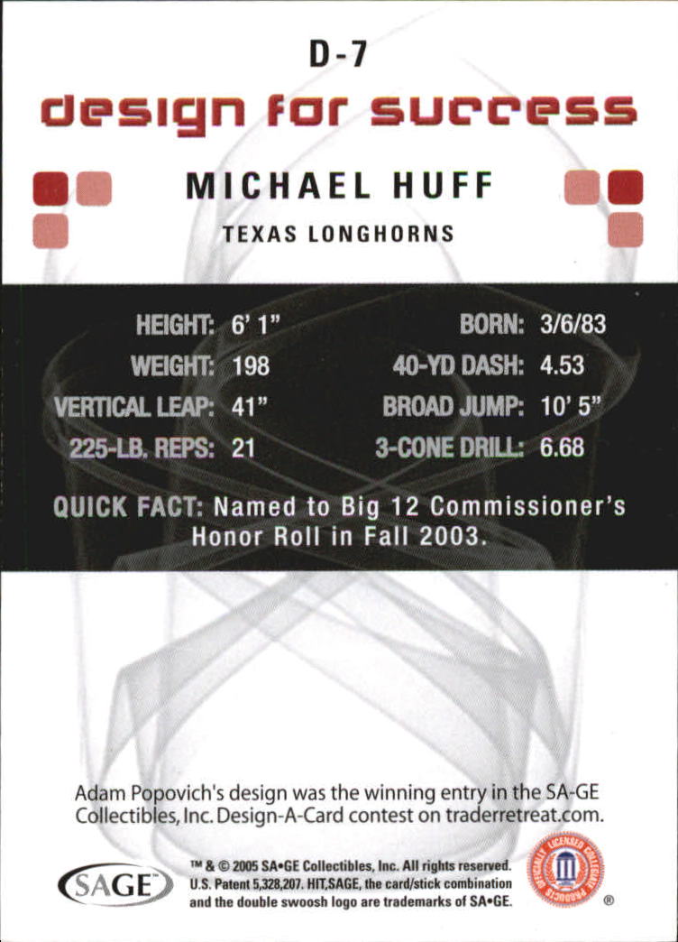 2006 SAGE HIT Design for Success Blue #D7 Michael Huff back image