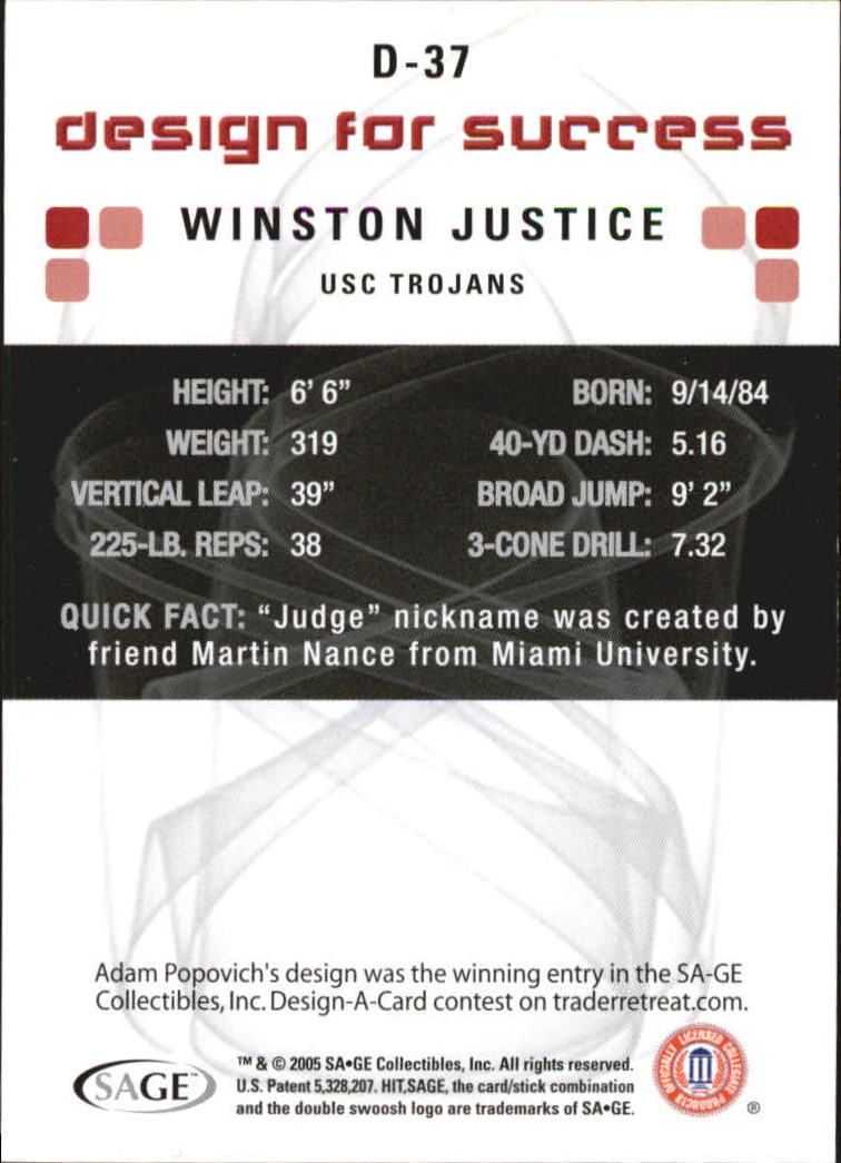 2006 SAGE HIT Design for Success Blue #D37 Winston Justice back image