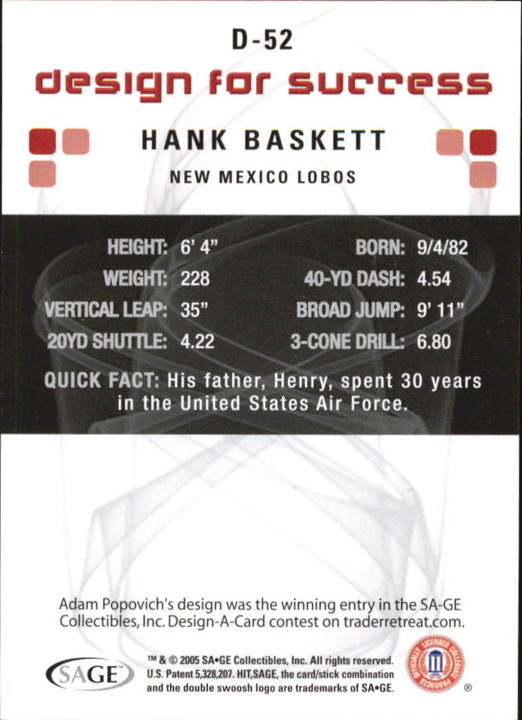 2006 SAGE HIT Design for Success Blue #D52 Hank Baskett back image