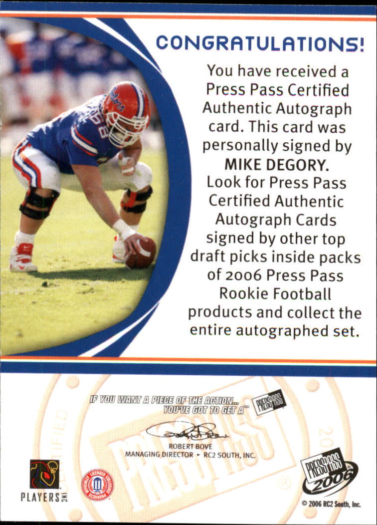 2006 Press Pass Autographs Bronze #14 Mike DeGory back image