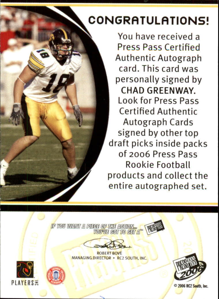 2006 Press Pass Autographs Bronze #22 Chad Greenway back image