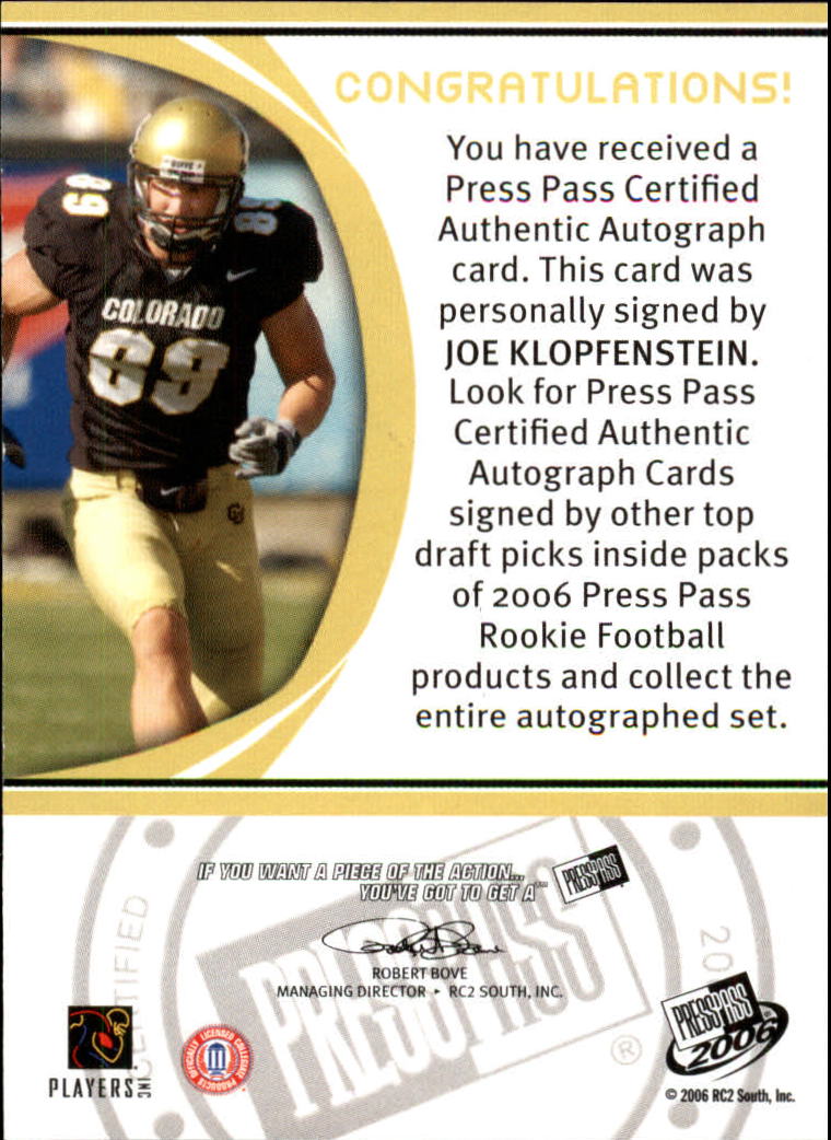 2006 Press Pass Autographs Bronze #39 Joe Klopfenstein back image