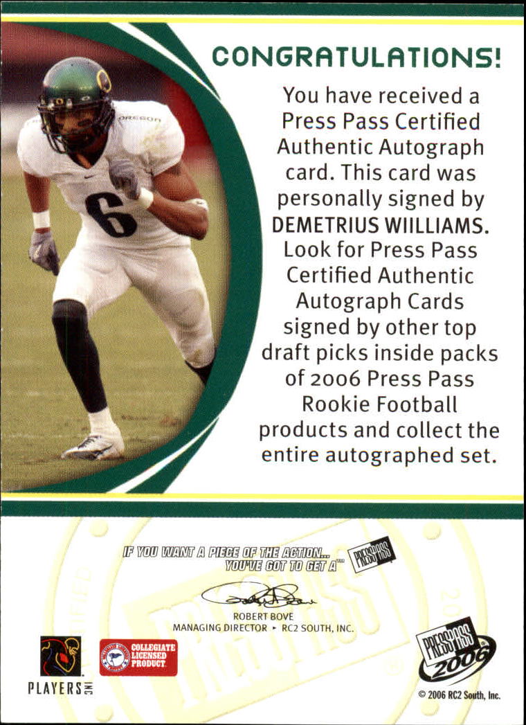 2006 Press Pass Autographs Bronze #68 Demetrius Williams back image