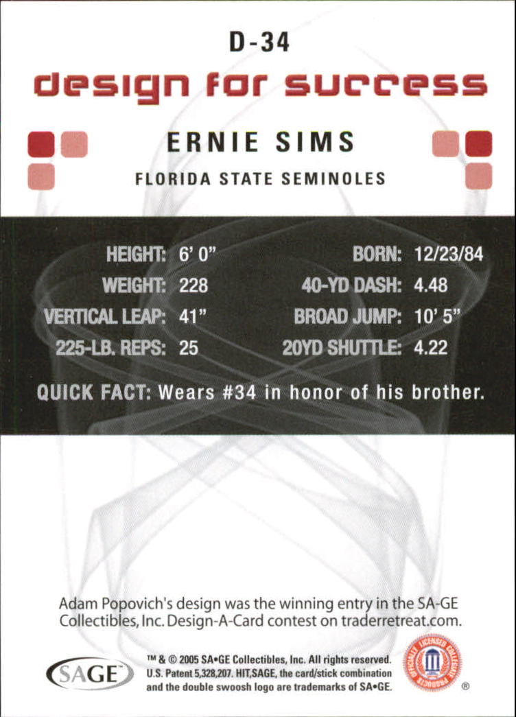 2006 SAGE HIT Design for Success Silver #D34 Ernie Sims back image