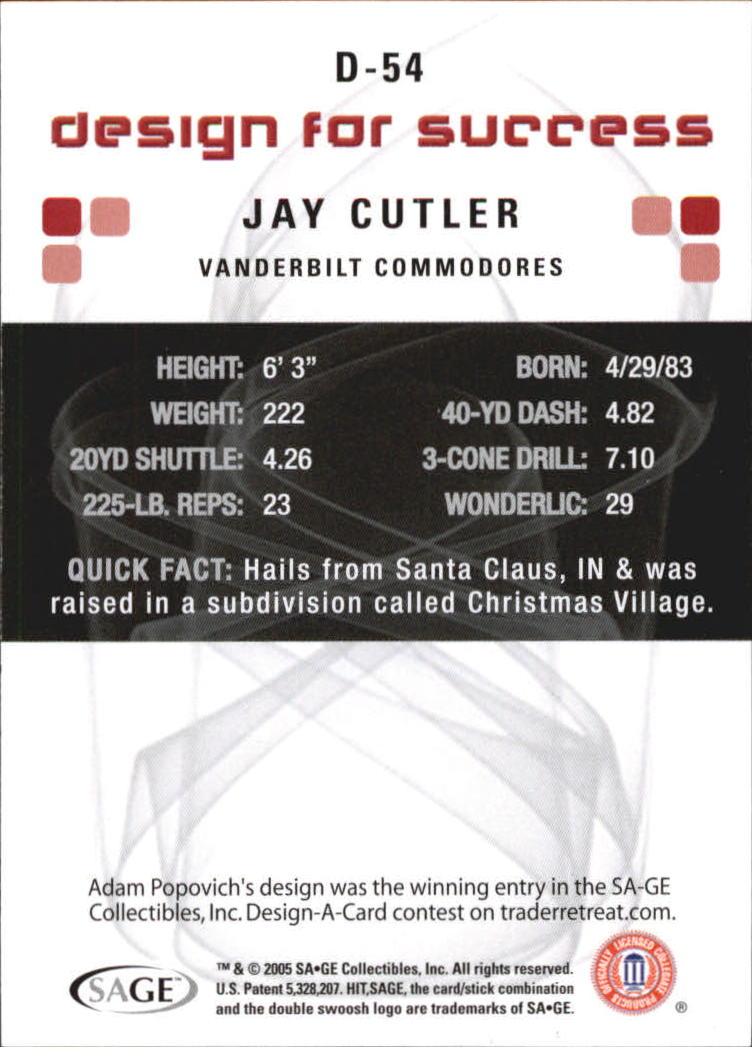 2006 SAGE HIT Design for Success Green #D54 Jay Cutler back image