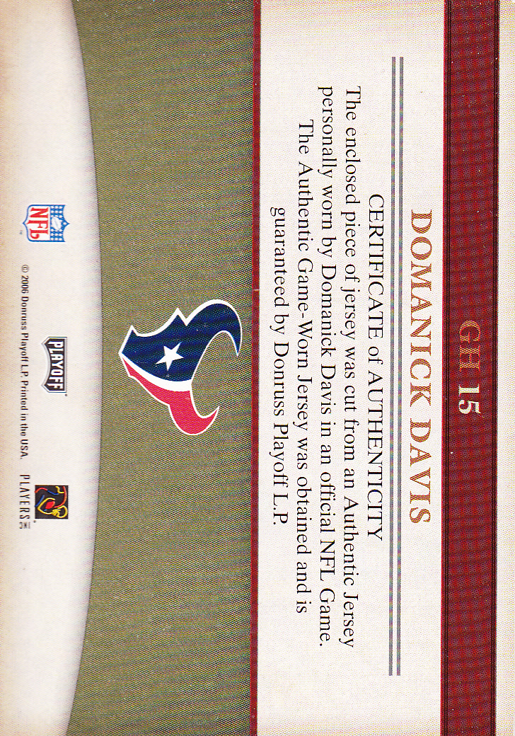 2006 Playoff Prestige Gridiron Heritage Jerseys #15 Domanick Davis back image