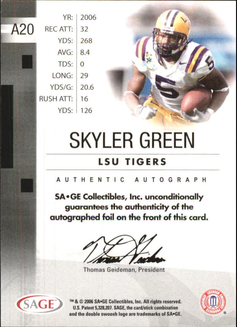 2006 SAGE Autographs Gold #A20 Skyler Green/200 back image