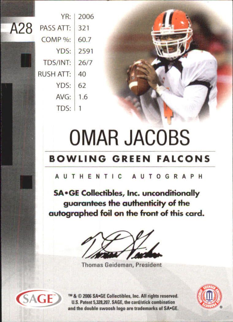 2006 SAGE Autographs Silver #A28 Omar Jacobs/300 back image