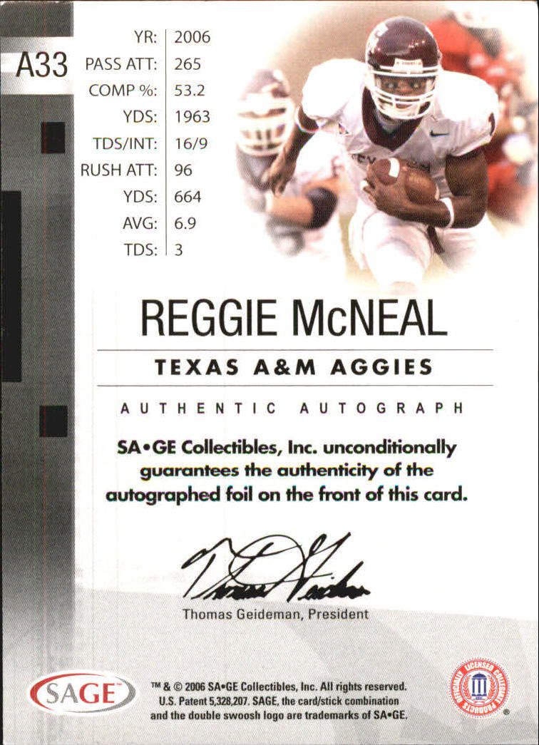 2006 SAGE Autographs Bronze #A33 Reggie McNeal/500 back image