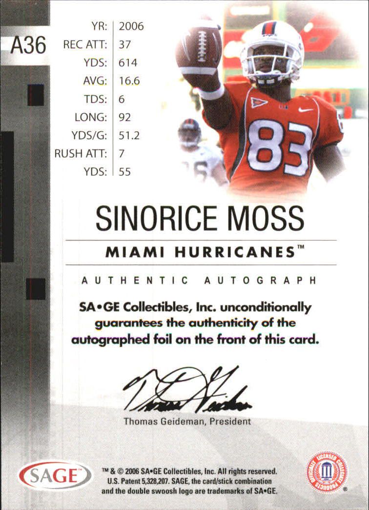 2006 SAGE Autographs Bronze #A36 Sinorice Moss/650 back image