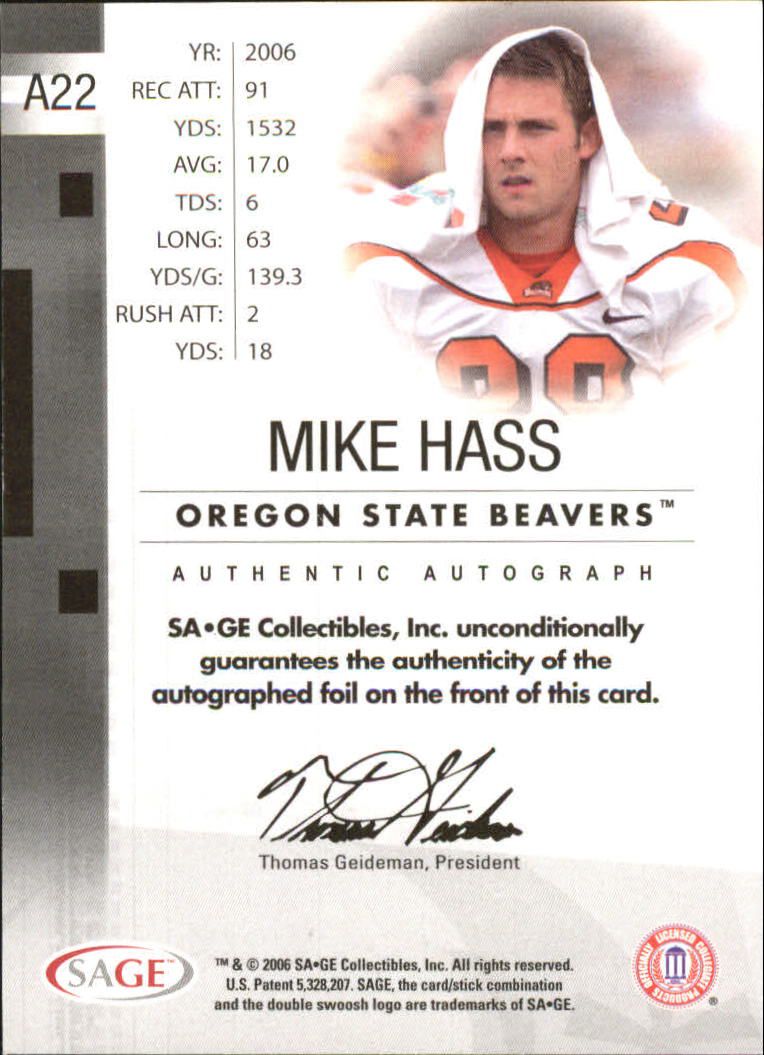 2006 SAGE Autographs Red #A22 Mike Hass/999 back image